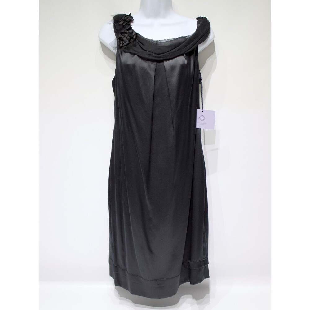 NWT Vera Wang Lavender Label 100% Silk Black Shimmer Midi Dress Flowers Women 10